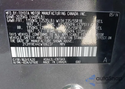 2014 Toyota Rav4 Limited z USA, uszkodzony, nr VIN 2T3YFREV4EW106237